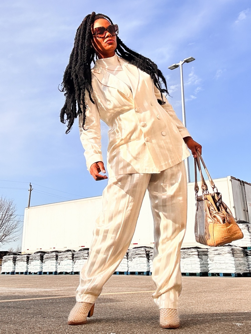 Vintage Cream Pinstripe Double-Breasted Blazer & Trousers - Picture 3 of 4